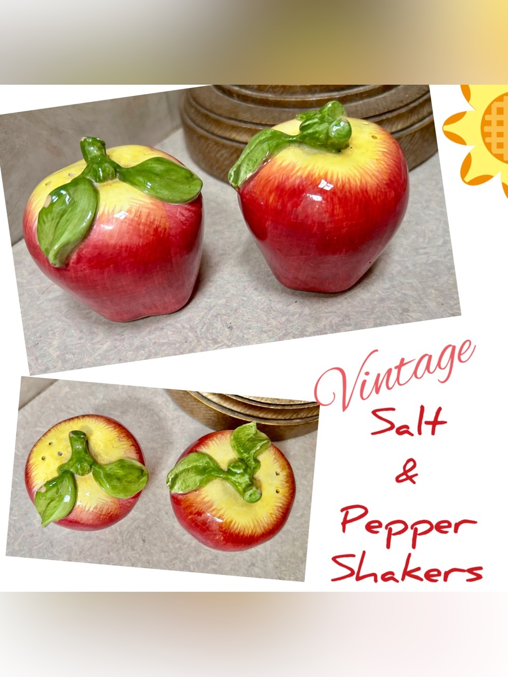 Vintage Apple Ceramic Salt and Pepper Shakers - Red and Yellow